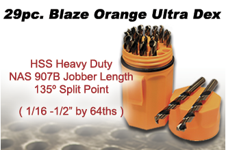 29pc. Blaze Orange Ultra Dex 135° Split Point NAS 907B Jobber Length - Norseman Drill 29pc. Blaze Orange Ultra Dex 135° Split Point NAS 907B Jobber Length - Norseman Drill